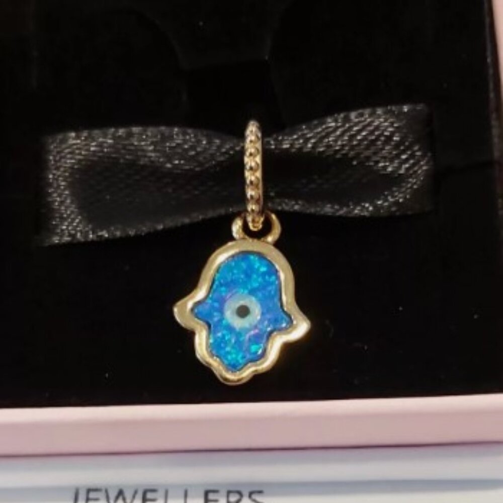 AUTH PANDORA Moments Opalescent Blue Hamsa Hand Dangle Charm 762699C01